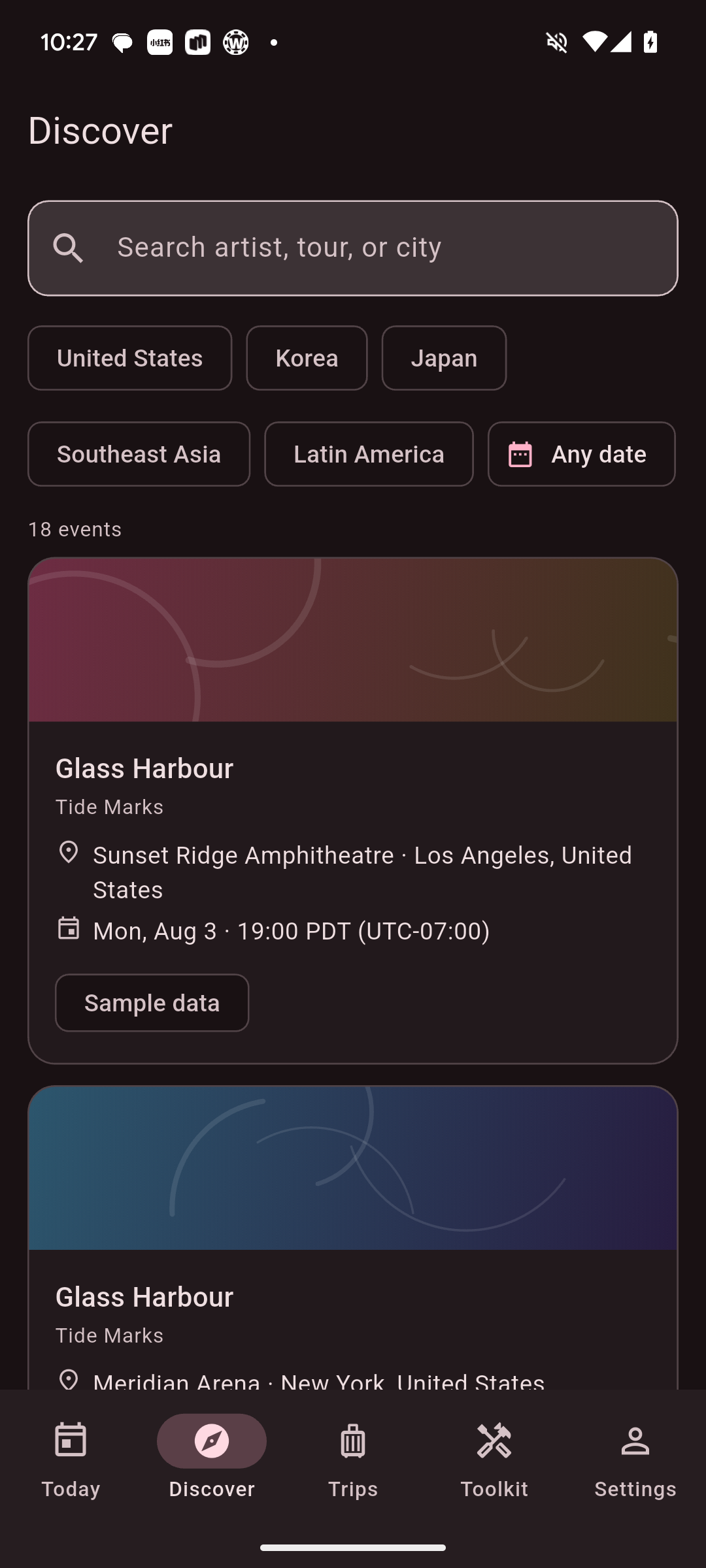 StageTrip concert discovery screen
